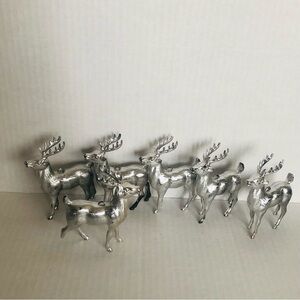 6 Vintage Silver Plastic Deer Christmas Ornaments